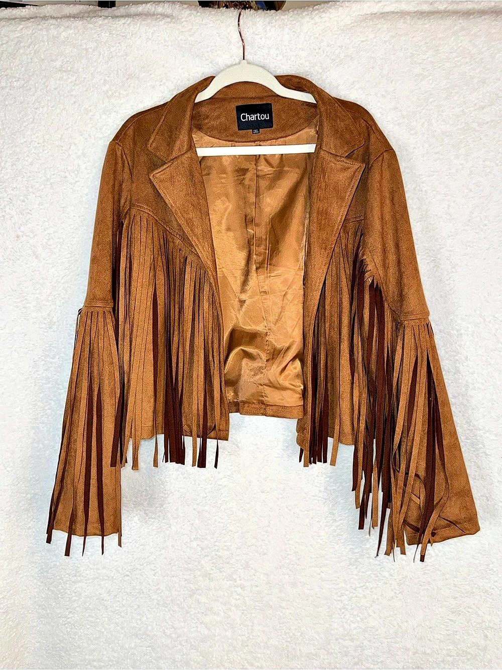 Chartou Women's Chic Cropped Tassel Fringe Faux Suede Moto Jacket Brown